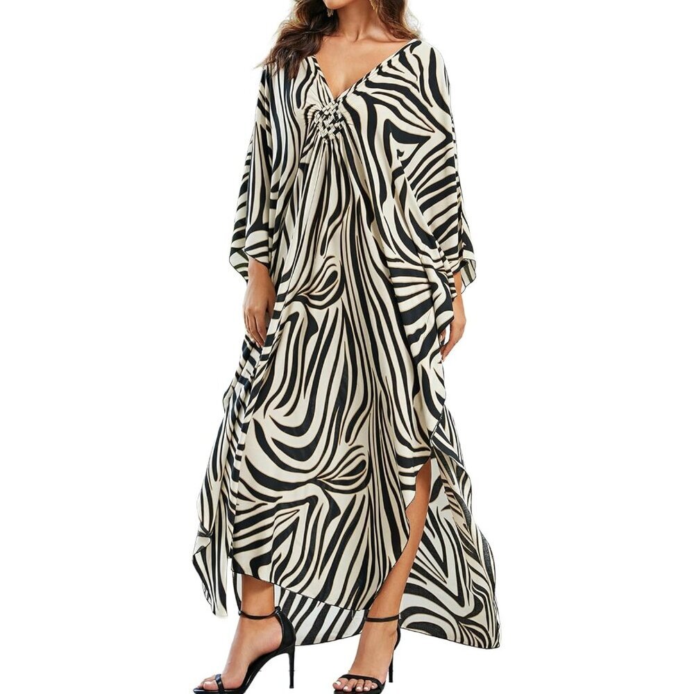 Women's Zebra Print V-neck Batwing Sleeve Flowy Split Hem Bohemian Kaftan Dress